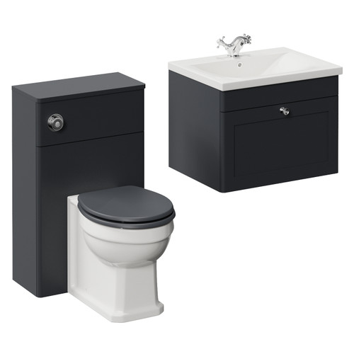 Danbury Satin Anthracite 1100mm Wall Mounted Single Drawer Vanity Unit and Toilet Suite with Glide Basin Left Hand View