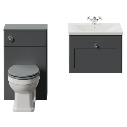 Danbury Satin Grey 1100mm Wall Mounted Single Drawer Vanity Unit and Toilet Suite with Glide Basin View from Front