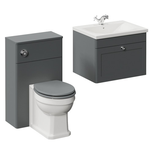 Danbury Satin Grey 1100mm Wall Mounted Single Drawer Vanity Unit and Toilet Suite with Glide Basin Left Hand View