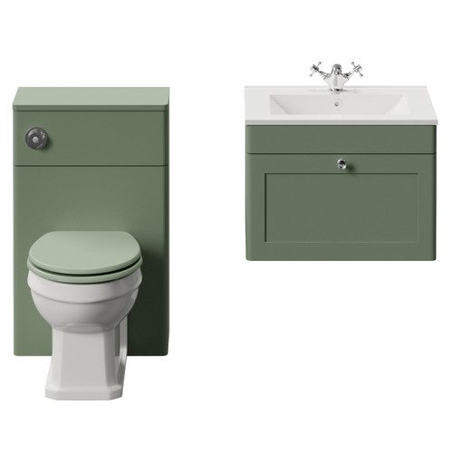 Danbury Satin Green 1100mm Wall Mounted Single Drawer Vanity Unit and Toilet Suite with Angel Basin View from Front
