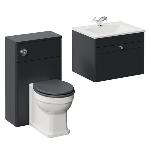 Danbury Satin Anthracite 1100mm Wall Mounted Single Drawer Vanity Unit and Toilet Suite with Angel Basin Left Hand View