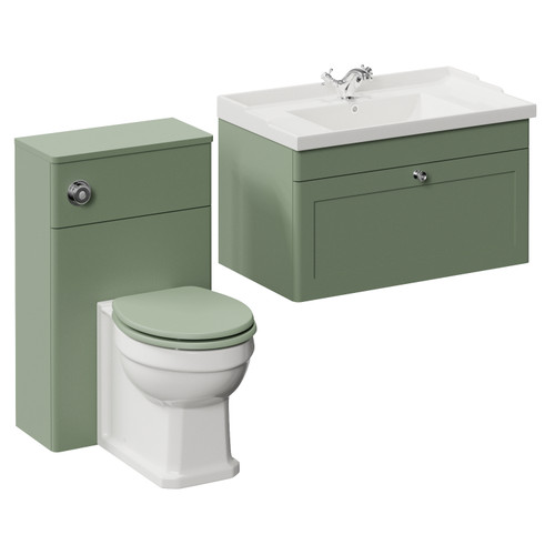 Danbury Satin Green 1300mm Wall Mounted Single Drawer Vanity Unit and Toilet Suite with Windsor Basin Left Hand View