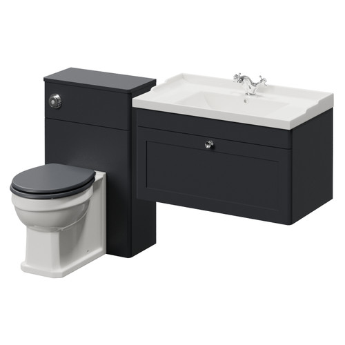 Danbury Satin Anthracite 1300mm Wall Mounted Single Drawer Vanity Unit and Toilet Suite with Windsor Basin Right Hand View