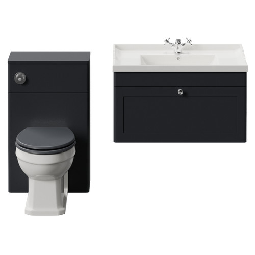 Danbury Satin Anthracite 1300mm Wall Mounted Single Drawer Vanity Unit and Toilet Suite with Windsor Basin View from Front