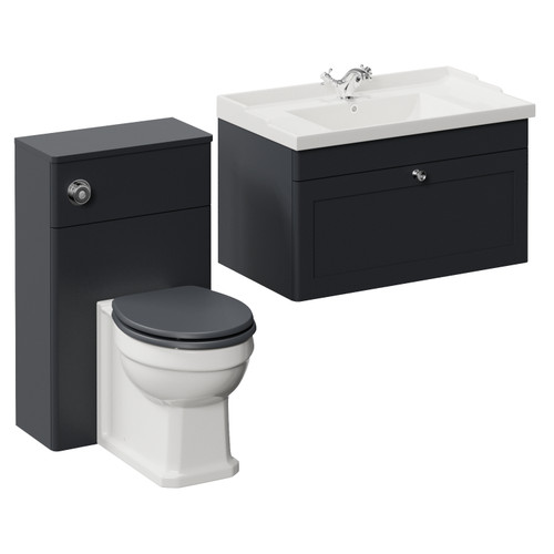 Danbury Satin Anthracite 1300mm Wall Mounted Single Drawer Vanity Unit and Toilet Suite with Windsor Basin Left Hand View