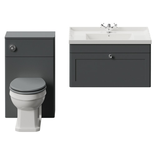 Danbury Satin Grey 1300mm Wall Mounted Single Drawer Vanity Unit and Toilet Suite with Windsor Basin View from Front