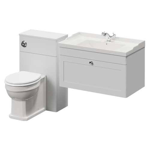 Danbury Satin White 1300mm Wall Mounted Single Drawer Vanity Unit and Toilet Suite with Windsor Basin Right Hand View