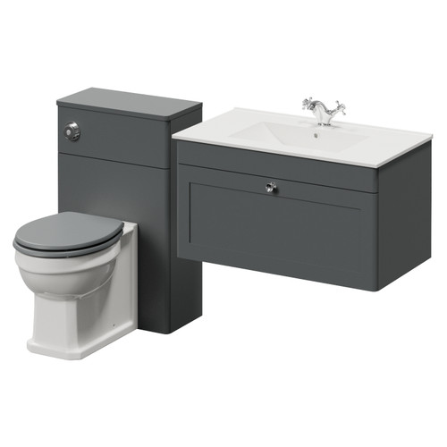 Danbury Satin Grey 1300mm Wall Mounted Single Drawer Vanity Unit and Toilet Suite with Angel Basin Right Hand View