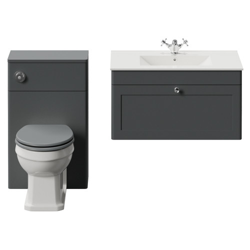 Danbury Satin Grey 1300mm Wall Mounted Single Drawer Vanity Unit and Toilet Suite with Angel Basin View from Front