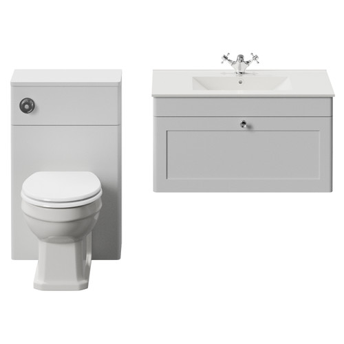 Danbury Satin White 1300mm Wall Mounted Single Drawer Vanity Unit and Toilet Suite with Angel Basin View from Front