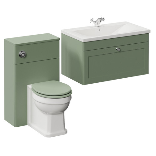 Danbury Satin Green 1300mm Wall Mounted Single Drawer Vanity Unit and Toilet Suite with Glide Basin Left Hand View