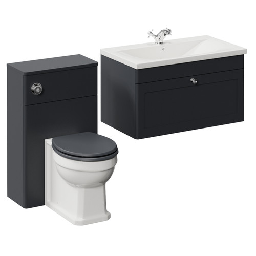 Danbury Satin Anthracite 1300mm Wall Mounted Single Drawer Vanity Unit and Toilet Suite with Glide Basin Left Hand View