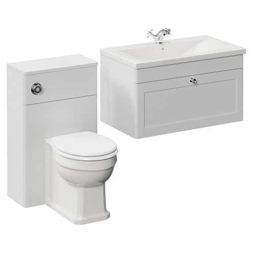 Danbury Satin White 1300mm Wall Mounted Single Drawer Vanity Unit and Toilet Suite with Glide Basin Left Hand View