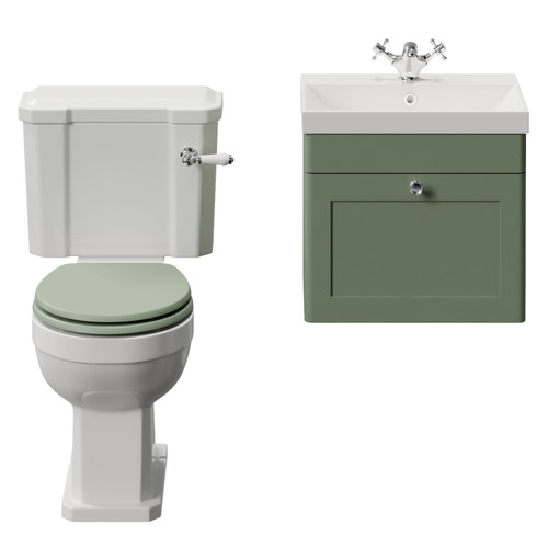 Danbury Satin Green 500mm Wall Mounted Single Drawer Vanity Unit and Windsor Toilet Suite with Rimini Basin View from Front