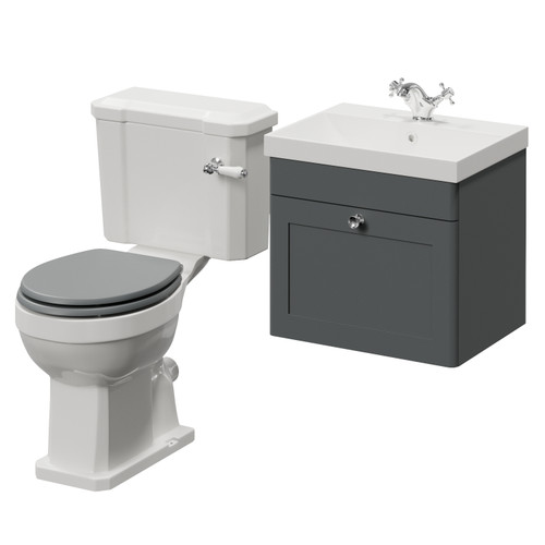 Danbury Satin Grey 500mm Wall Mounted Single Drawer Vanity Unit and Windsor Toilet Suite with Rimini Basin Right Hand View