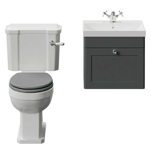 Danbury Satin Grey 500mm Wall Mounted Single Drawer Vanity Unit and Windsor Toilet Suite with Rimini Basin View from Front