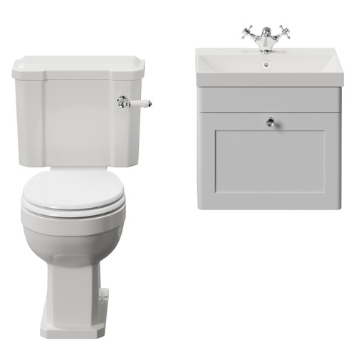 Danbury Satin White 500mm Wall Mounted Single Drawer Vanity Unit and Windsor Toilet Suite with Rimini Basin View from Front