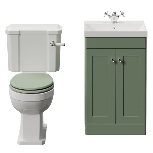 Danbury Satin Green 500mm 2 Door Vanity Unit and Windsor Toilet Suite with Rimini Basin View from Front