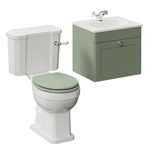 Danbury Satin Green 500mm Wall Mounted Single Drawer Vanity Unit and Windsor Toilet Suite with Angel Basin Left Hand View