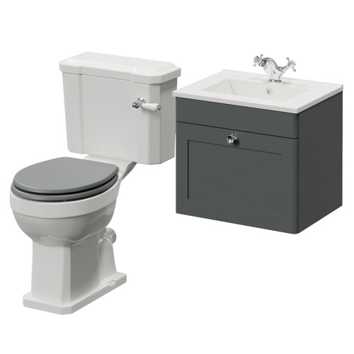Danbury Satin Grey 500mm Wall Mounted Single Drawer Vanity Unit and Windsor Toilet Suite with Angel Basin Right Hand View