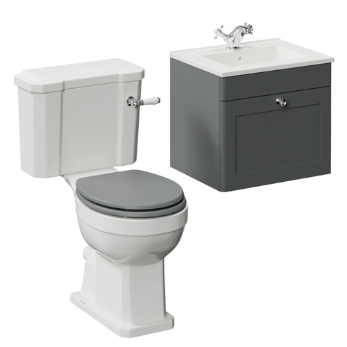 Danbury Satin Grey 500mm Wall Mounted Single Drawer Vanity Unit and Windsor Toilet Suite with Angel Basin Left Hand View