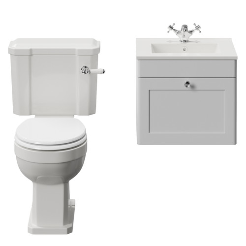 Danbury Satin White 500mm Wall Mounted Single Drawer Vanity Unit and Windsor Toilet Suite with Angel Basin View from Front