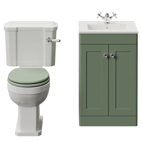 Danbury Satin Green 500mm 2 Door Vanity Unit and Windsor Toilet Suite with Angel Basin View from Front