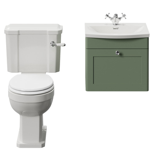 Danbury Satin Green 500mm Wall Mounted Single Drawer Vanity Unit and Windsor Toilet Suite with Arc Basin View from Front