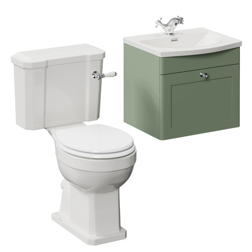 Danbury Satin Green 500mm Wall Mounted Single Drawer Vanity Unit and Windsor Toilet Suite with Arc Basin Left Hand View