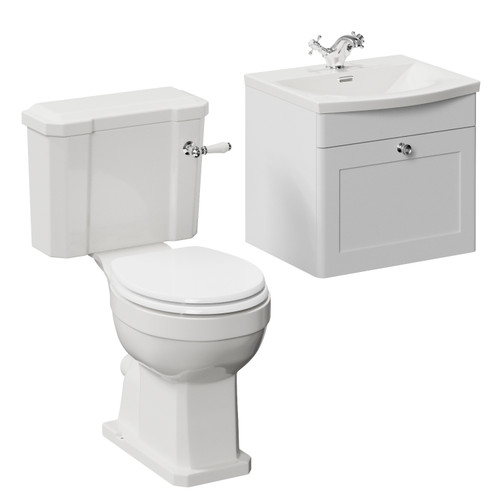 Danbury Satin White 500mm Wall Mounted Single Drawer Vanity Unit and Windsor Toilet Suite with Arc Basin Left Hand View