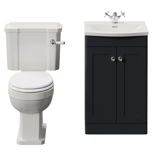Danbury Satin Anthracite 500mm 2 Door Vanity Unit and Windsor Toilet Suite with Arc Basin View from Front