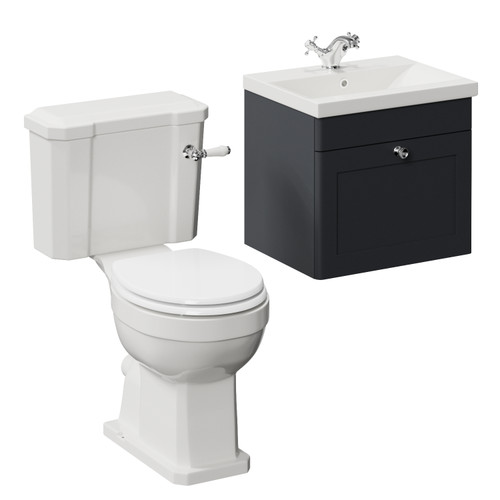 Danbury Satin Anthracite 500mm Wall Mounted Single Drawer Vanity Unit and Windsor Toilet Suite with Glide Basin Left Hand View