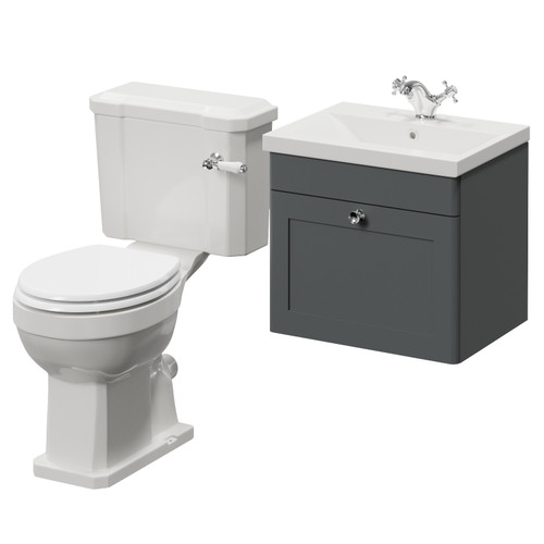 Danbury Satin Grey 500mm Wall Mounted Single Drawer Vanity Unit and Windsor Toilet Suite with Glide Basin Right Hand View