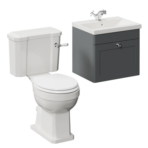 Danbury Satin Grey 500mm Wall Mounted Single Drawer Vanity Unit and Windsor Toilet Suite with Glide Basin Left Hand View