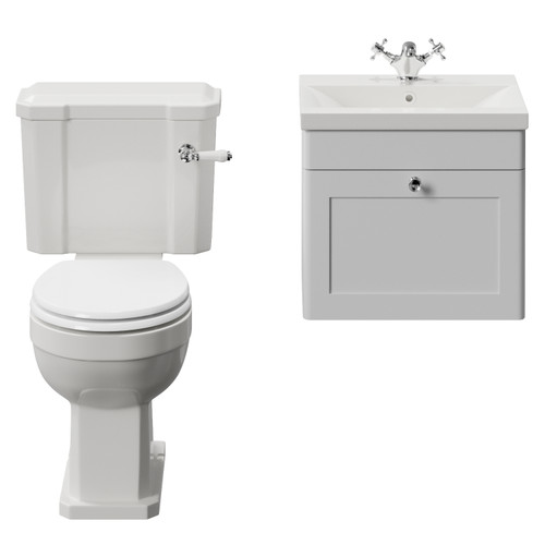 Danbury Satin White 500mm Wall Mounted Single Drawer Vanity Unit and Windsor Toilet Suite with Glide Basin View from Front