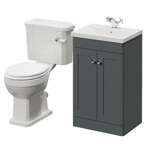 Danbury Satin Grey 500mm 2 Door Vanity Unit and Windsor Toilet Suite with Glide Basin Right Hand View
