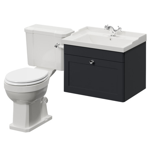 Danbury Satin Anthracite 600mm Wall Mounted Single Drawer Vanity Unit and Windsor Toilet Suite Right Hand View