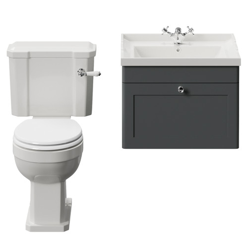 Danbury Satin Grey 600mm Wall Mounted Single Drawer Vanity Unit and Windsor Toilet Suite View from Front