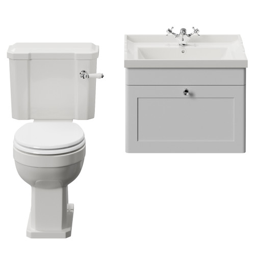 Danbury Satin White 600mm Wall Mounted Single Drawer Vanity Unit and Windsor Toilet Suite View from Front