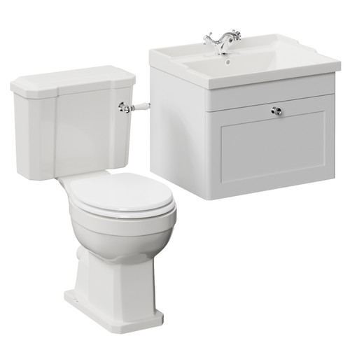 Danbury Satin White 600mm Wall Mounted Single Drawer Vanity Unit and Windsor Toilet Suite Left Hand View