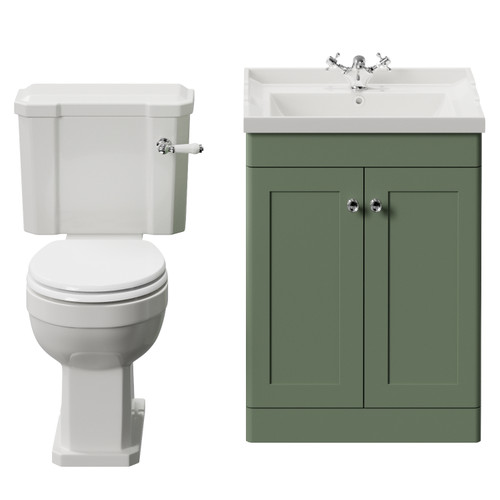 Danbury Satin Green 600mm 2 Door Vanity Unit and Windsor Toilet Suite View from Front