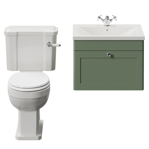 Danbury Satin Green 600mm Wall Mounted Single Drawer Vanity Unit and Windsor Toilet Suite with Glide Basin View from Front