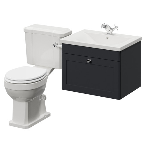 Danbury Satin Anthracite 600mm Wall Mounted Single Drawer Vanity Unit and Windsor Toilet Suite with Glide Basin Right Hand View