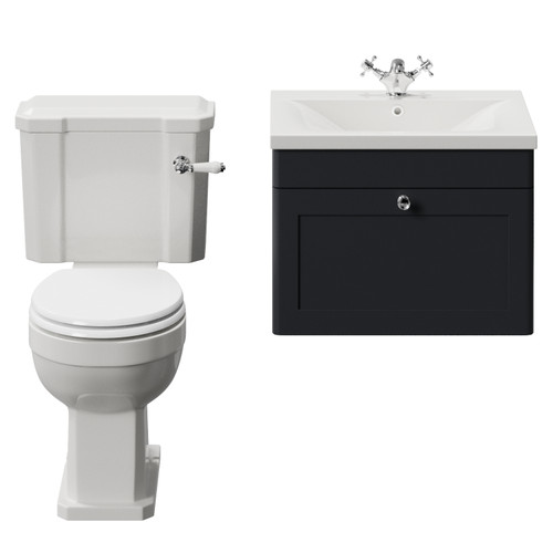 Danbury Satin Anthracite 600mm Wall Mounted Single Drawer Vanity Unit and Windsor Toilet Suite with Glide Basin View from Front