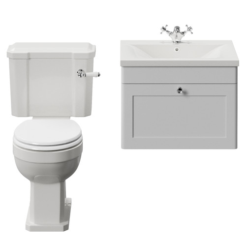 Danbury Satin White 600mm Wall Mounted Single Drawer Vanity Unit and Windsor Toilet Suite with Glide Basin View from Front