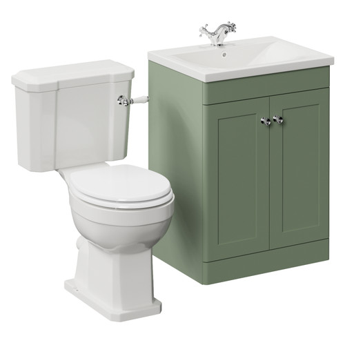 Danbury Satin Green 600mm 2 Door Vanity Unit and Windsor Toilet Suite with Glide Basin Left Hand View