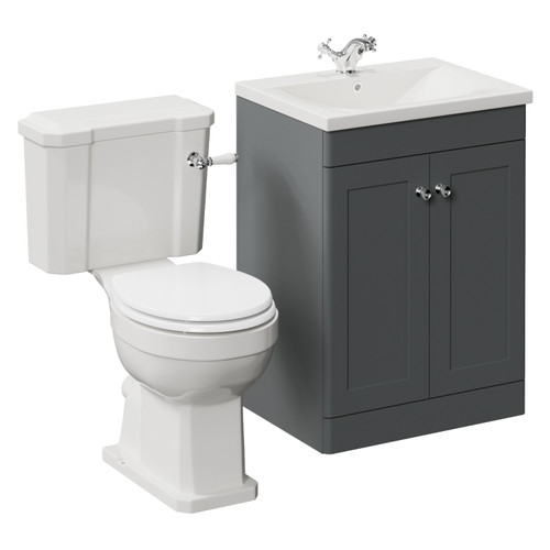 Danbury Satin Grey 600mm 2 Door Vanity Unit and Windsor Toilet Suite with Glide Basin Left Hand View