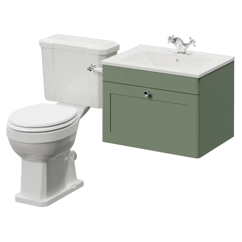 Danbury Satin Green 600mm Wall Mounted Single Drawer Vanity Unit and Windsor Toilet Suite with Angel Basin Right Hand View