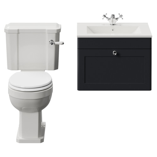 Danbury Satin Anthracite 600mm Wall Mounted Single Drawer Vanity Unit and Windsor Toilet Suite with Angel Basin View from Front