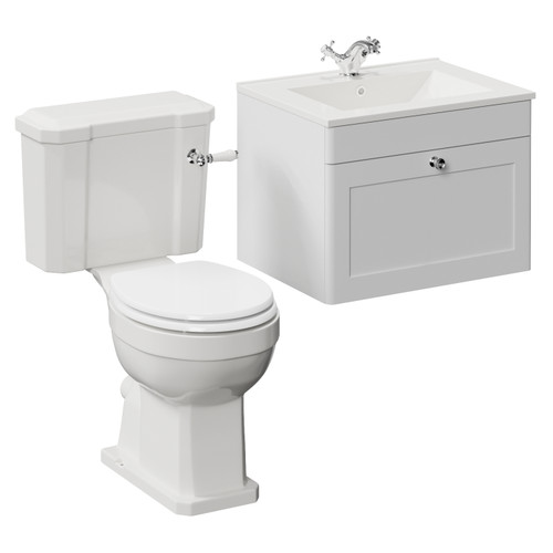 Danbury Satin White 600mm Wall Mounted Single Drawer Vanity Unit and Windsor Toilet Suite with Angel Basin Left Hand View